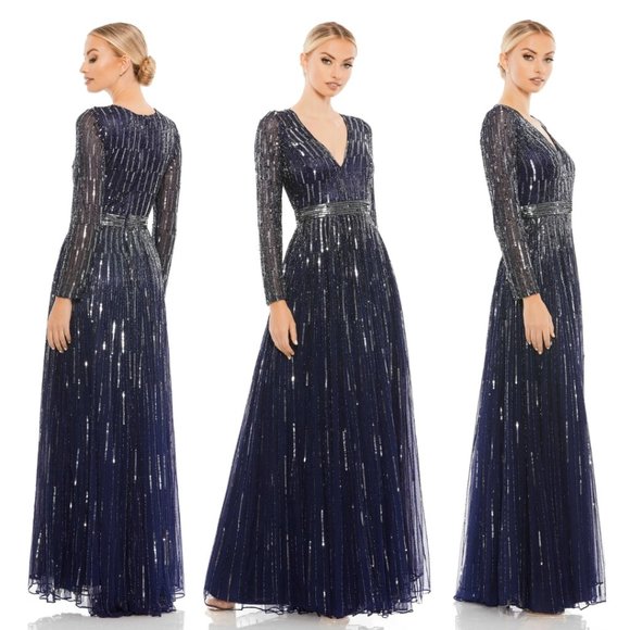MAC DUGGAL SEQUINED V NECK ILLUSION SLEEVE A LINE GOWN